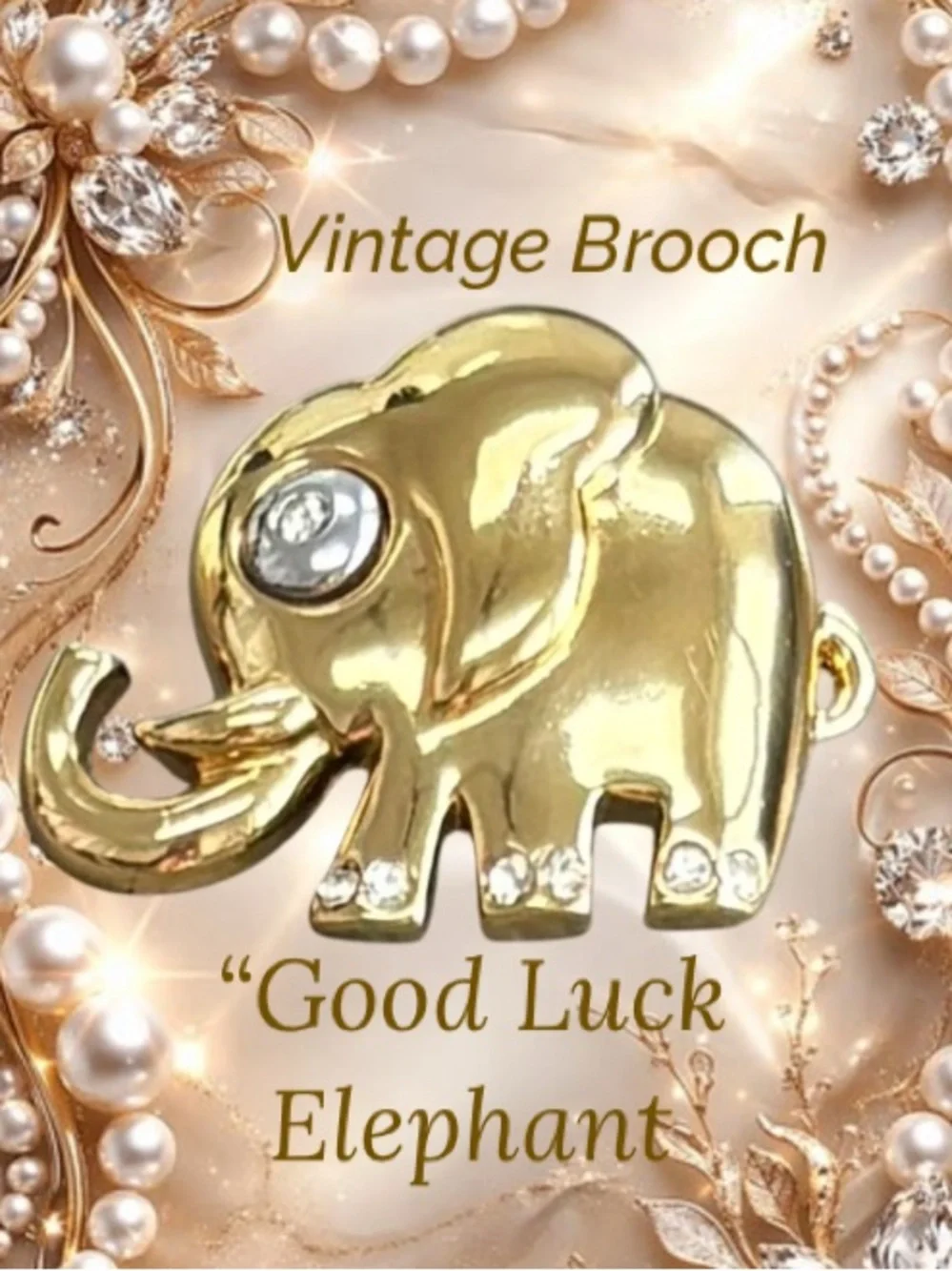 Vintage Gold Trunk Up Elephant Brooch Good Luck Prosperity Charm Pin Statement
